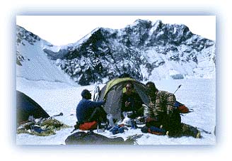 Climbing the Ragrik Rang. Advanced Base Camp with the mountain peak in the background. Credit: Chris Bonington