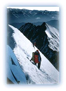 Climbing the Ragrik Rang. On the Summit Ridge of Ragrik Rang by the top camp. Credit: Chris Bonington